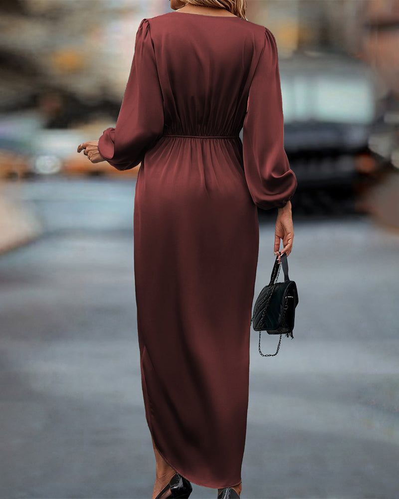Gracia - Stylish V-Neck Dress with Sophisticated Lantern Sleeves