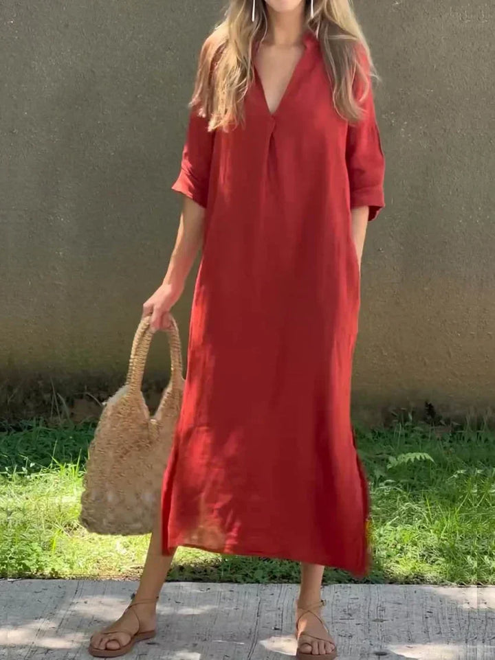 V-Neck Solid Dress for Women with Convenient Pockets