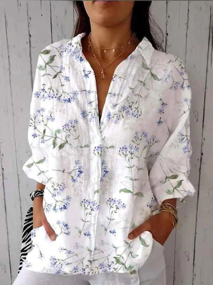 Women's Purple Floral Print Casual V-neck Shirt