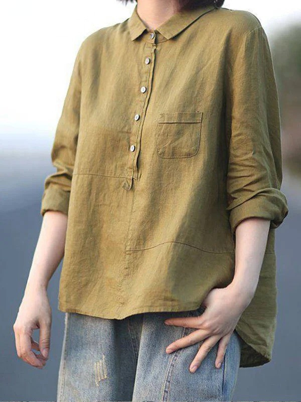 Women's Lapel Neck Casual Solid Color Long Sleeve Shirt