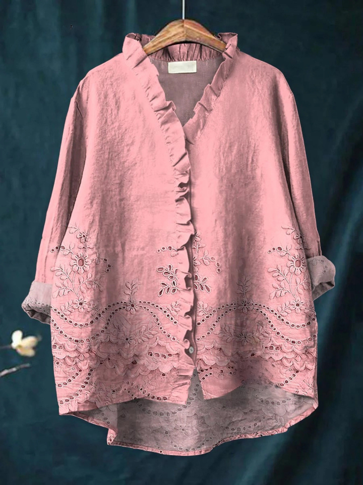 Women's Vintage Floral Art Print Casual  Ruffle Shirt
