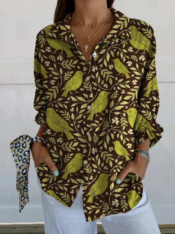 Women's Vintage Floral Birds Art Print Casual V-neck Shirt