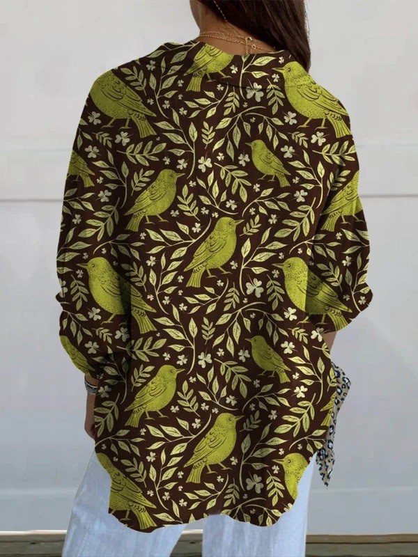 Women's Vintage Floral Birds Art Print Casual V-neck Shirt