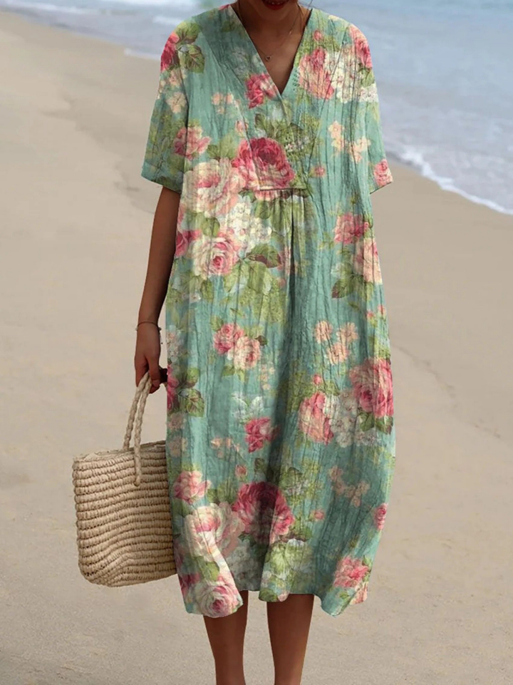 Women's Vintage Lovely Floral Art Print Casual Flowy Dress