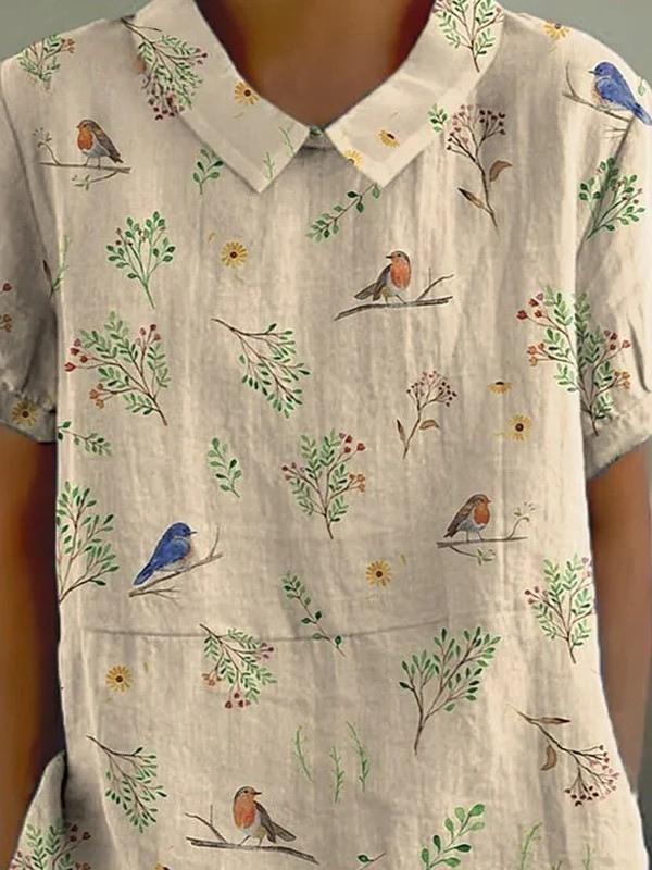 Boughs And Robin Birds Pattern Printed Women's Casual Shirt