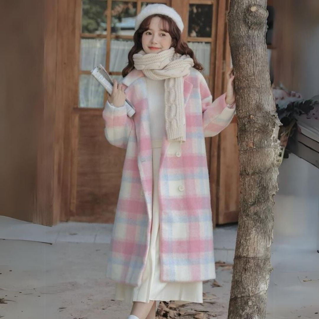 Damira - Women's Double-Breasted Coat in Pastel Check Wool Blend