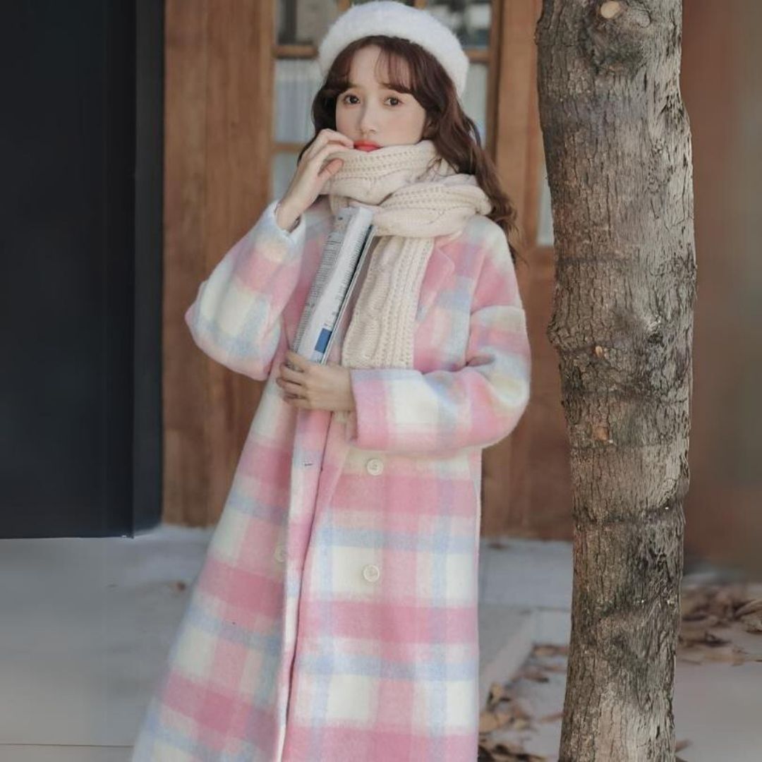 Damira - Women's Double-Breasted Coat in Pastel Check Wool Blend