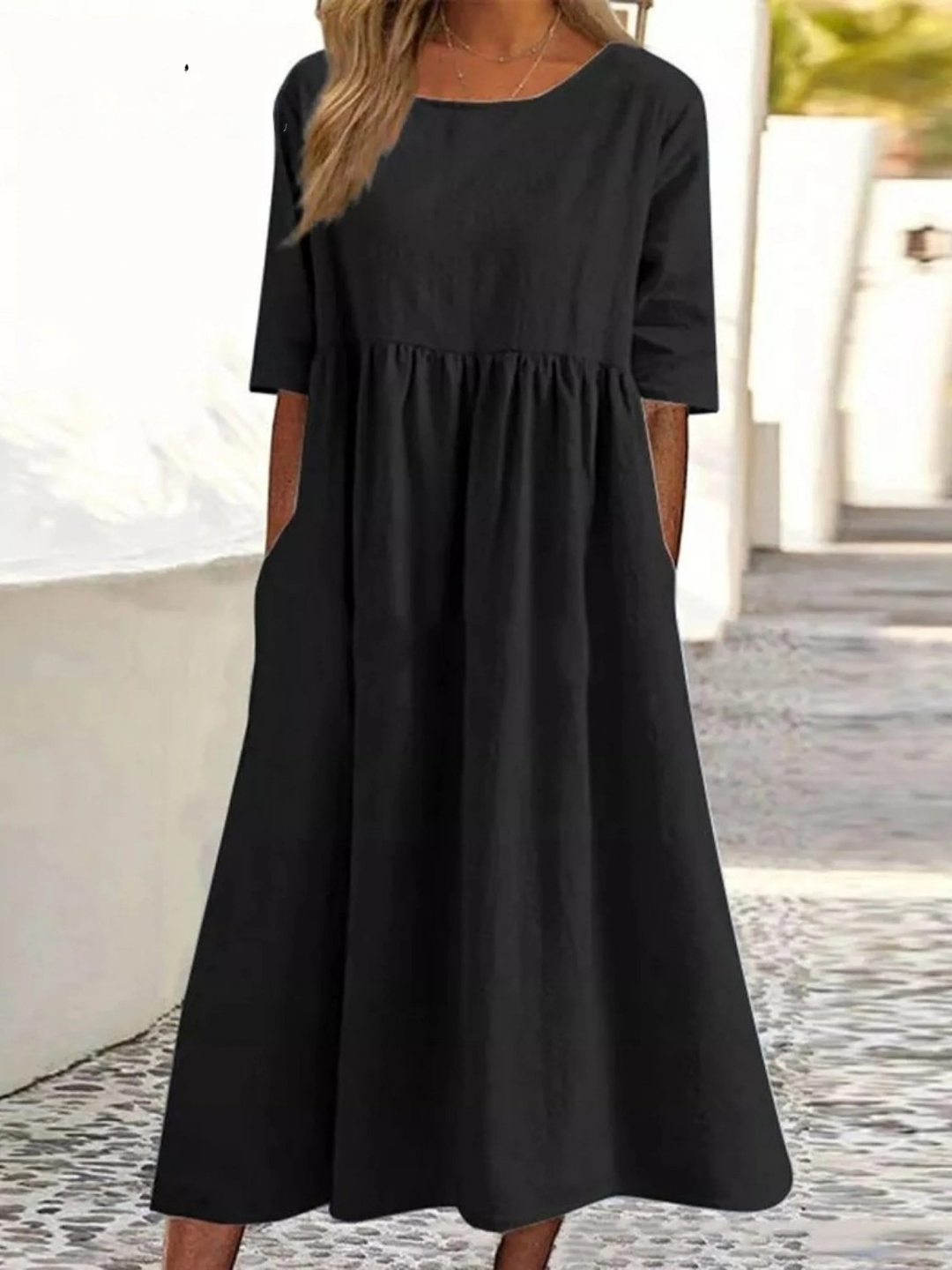 5-quarter Sleeve Casual Loose Solid Color Dress