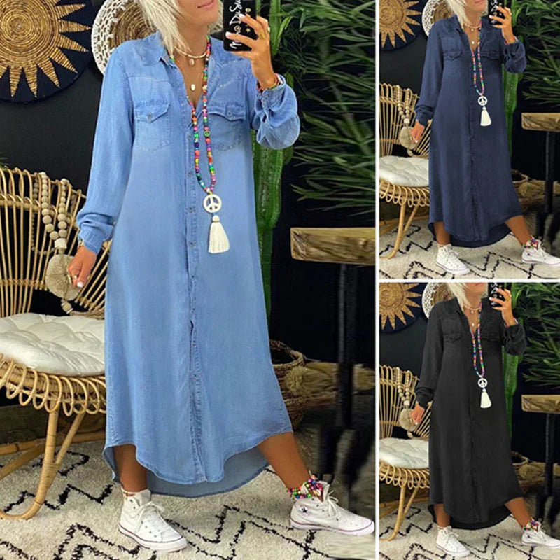 Solid Color Denim Dress for Women