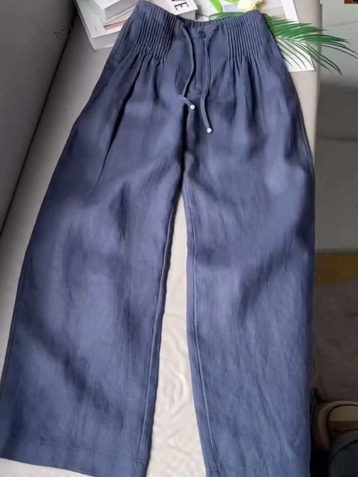 Women's Solid Color Pleated Drawstring Casual and Wide Leg Pants