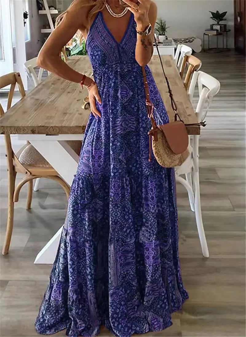Women's High-Waisted Bohemian Floral Dress