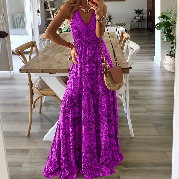 Women's High-Waisted Bohemian Floral Dress