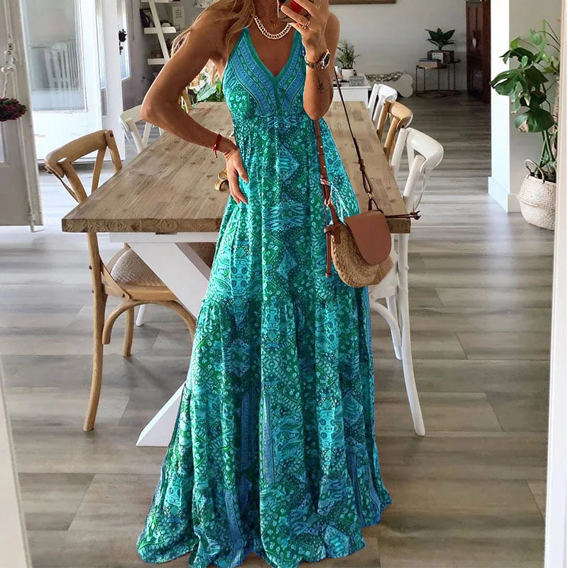 Women's High-Waisted Bohemian Floral Dress