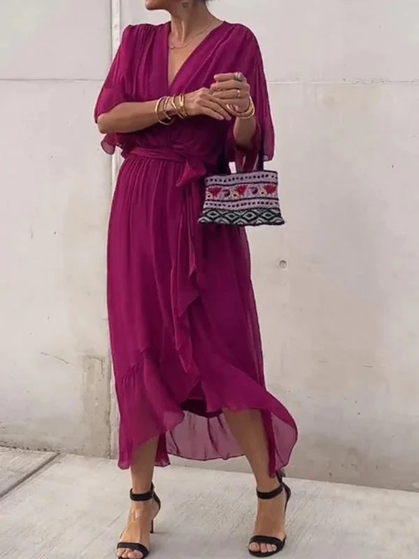 Women's Green V-Neck Chiffon Dress for Summer