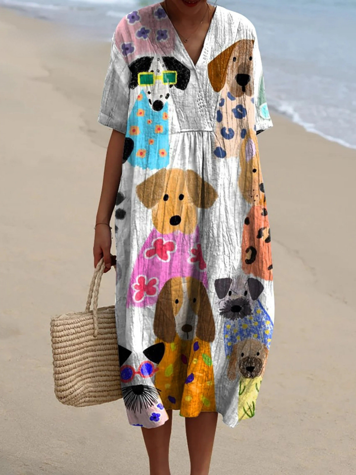 Women's Minimalist Colorful Cartoon Puppy Print Flowy Dress
