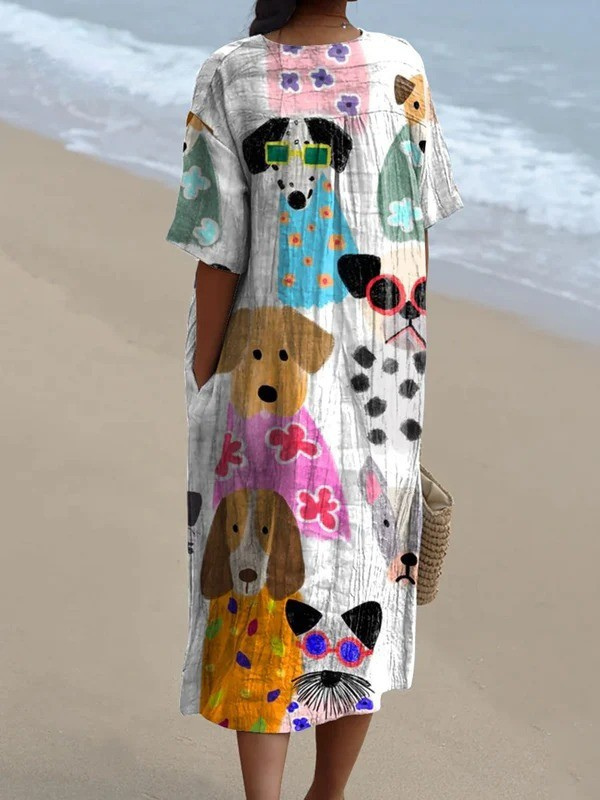 Women's Minimalist Colorful Cartoon Puppy Print Flowy Dress