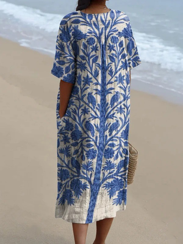Women's Indian Art Floral Vintage Art Print Flowy Dress