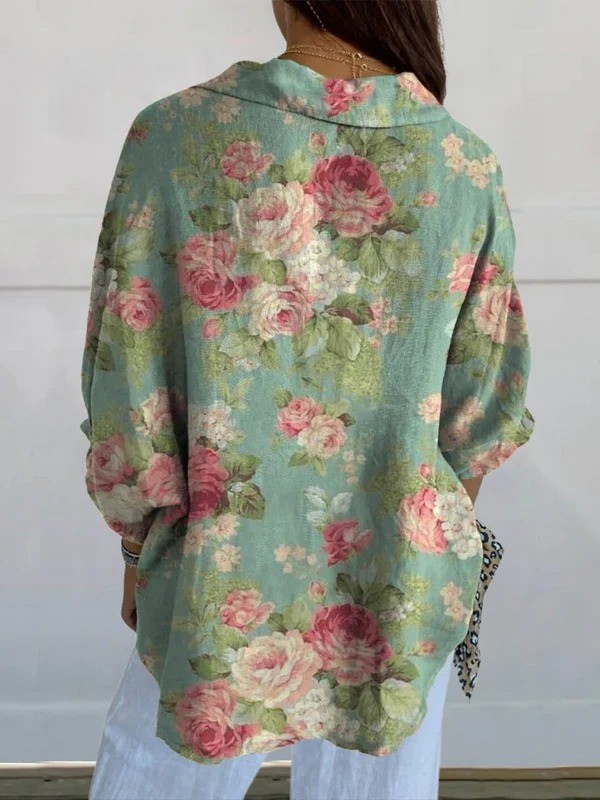 Women's Vintage Elegant Floral Art Print Casual V-neck Shirt