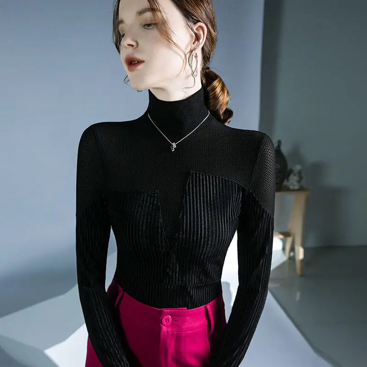 Stylish Velvet Patchwork Turtleneck Knit