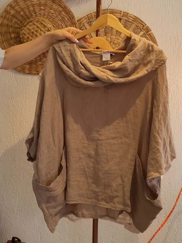 Women's Solid Color Draped Neck 3/4 Sleeve Comfortable Casual Pocket Top