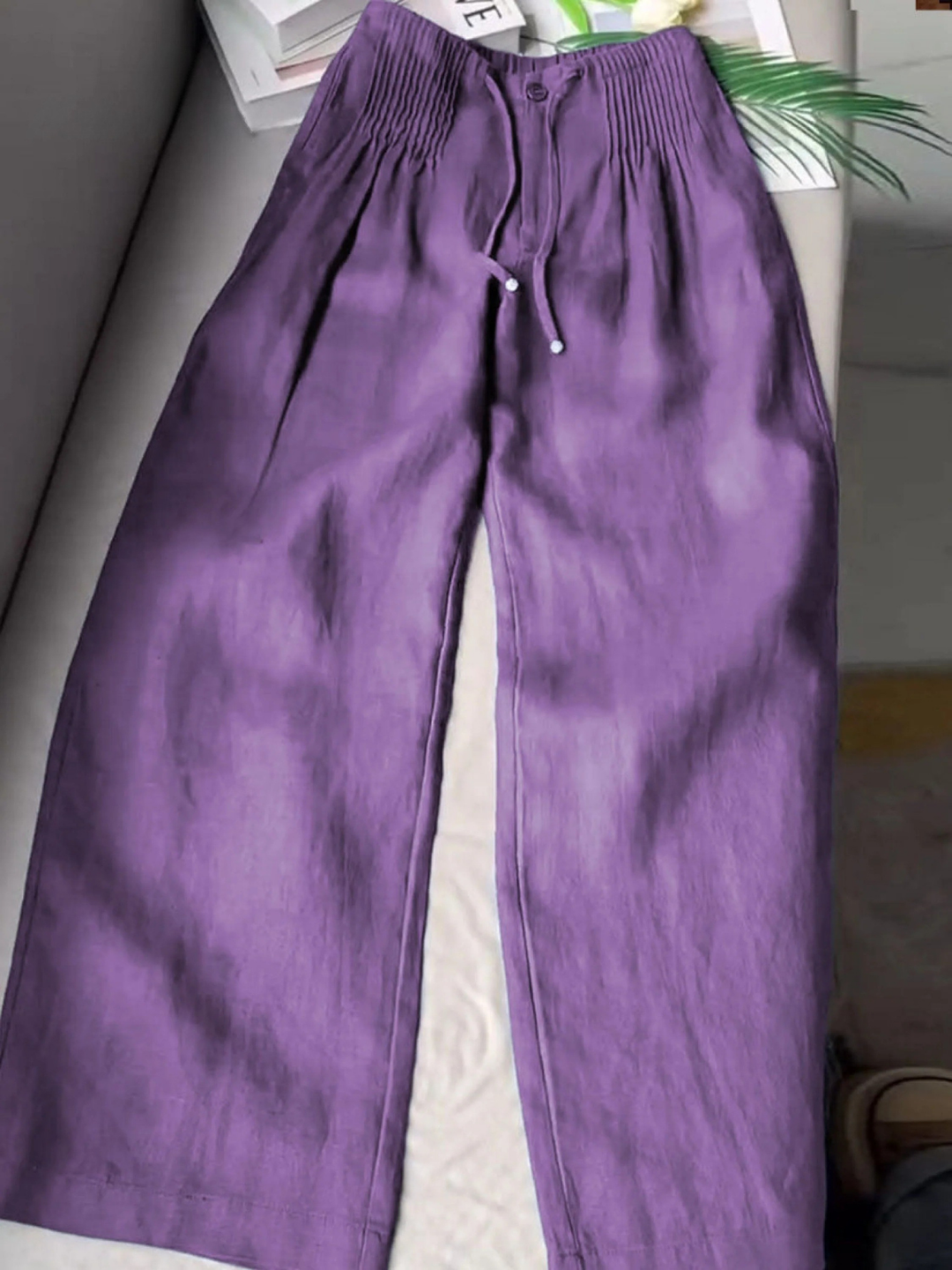Women's Solid Color Pleated Drawstring Casual and Wide Leg Pants