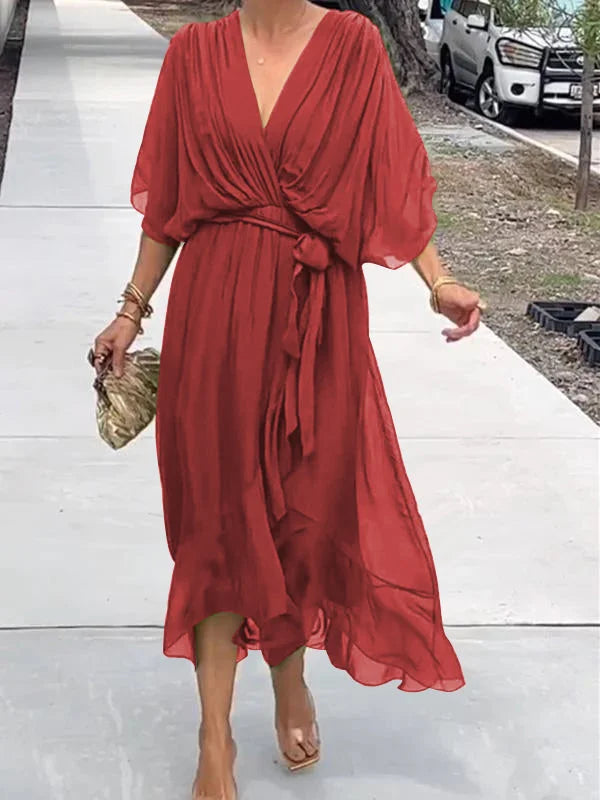 Women's Green V-Neck Chiffon Dress for Summer