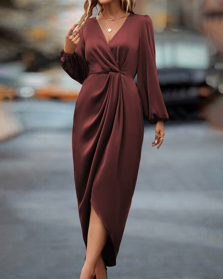 Gracia - Stylish V-Neck Dress with Sophisticated Lantern Sleeves