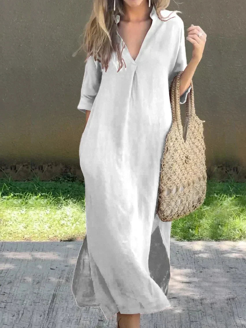 V-Neck Solid Dress for Women with Convenient Pockets