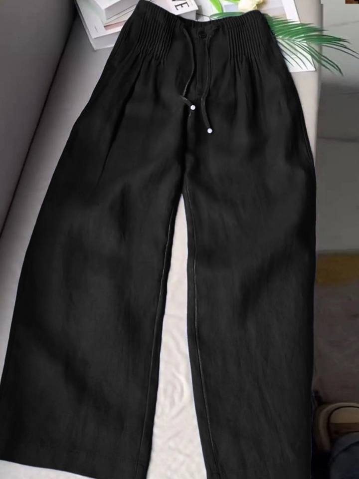 Women's Solid Color Pleated Drawstring Casual and Wide Leg Pants