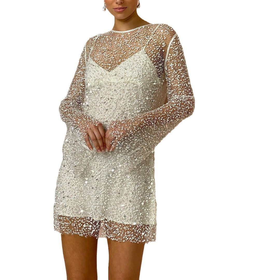 Glittering Sheer Mesh Evening Gown