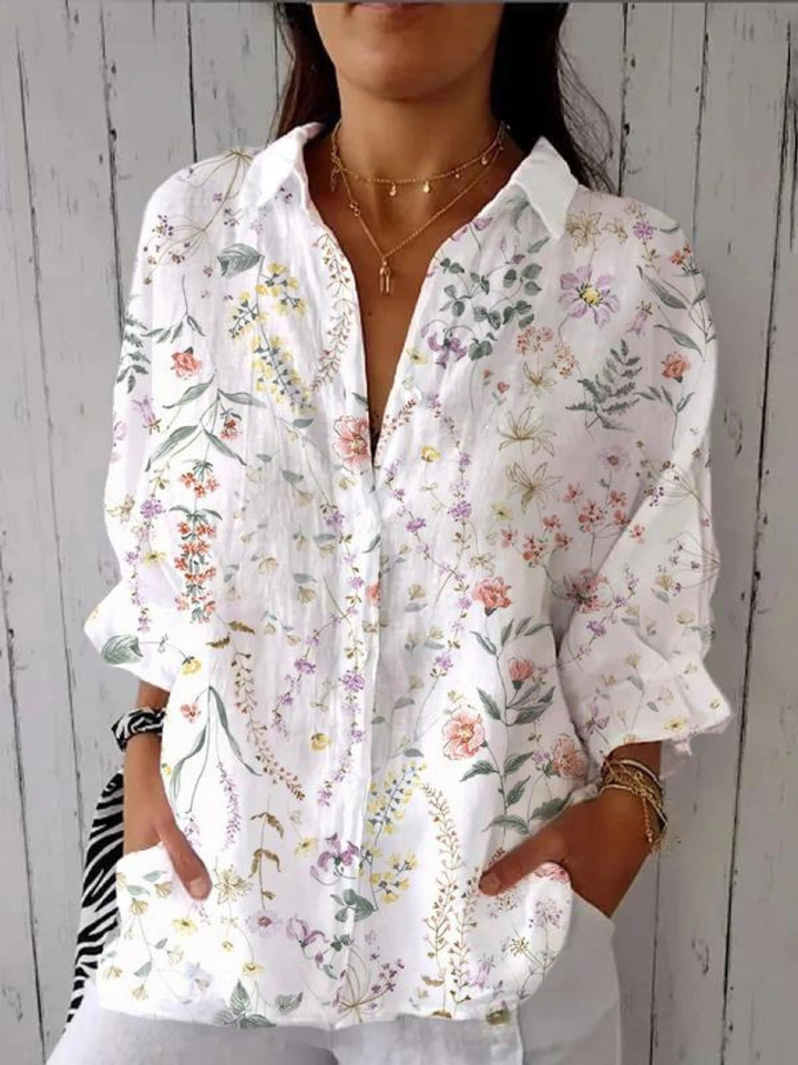 Women's Colorful Elegant Wildflower Print Casual V-neck Shirt