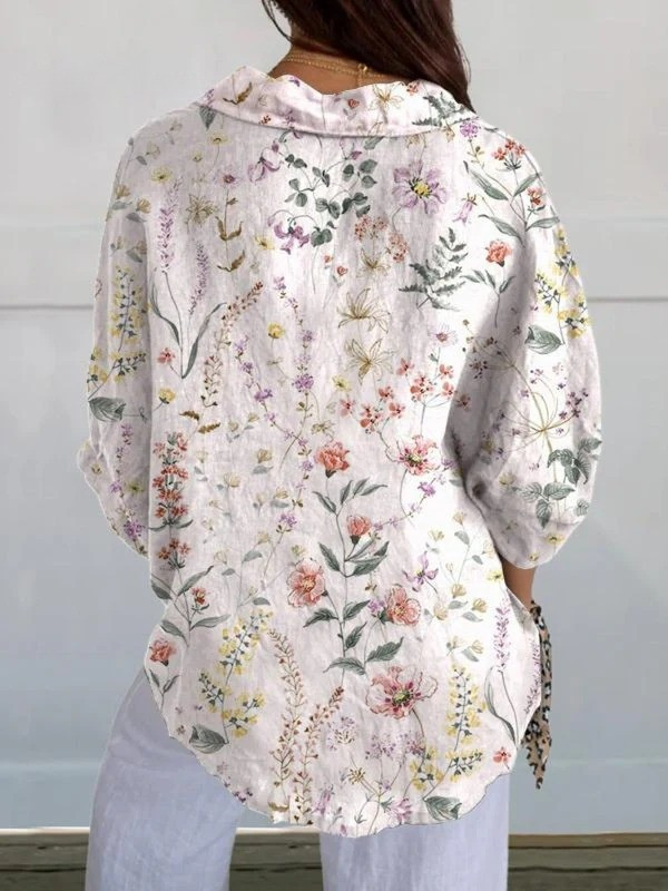 Women's Colorful Elegant Wildflower Print Casual V-neck Shirt