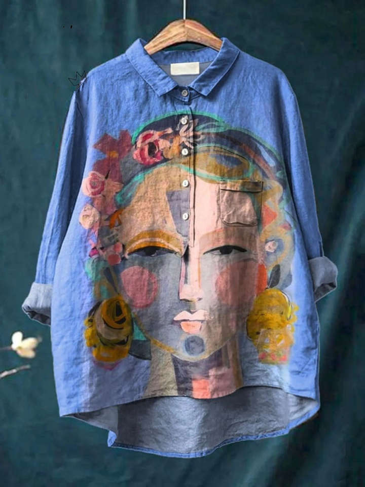 Oil Painting Freda Portrait Art Printed Women's Casual  Shirt