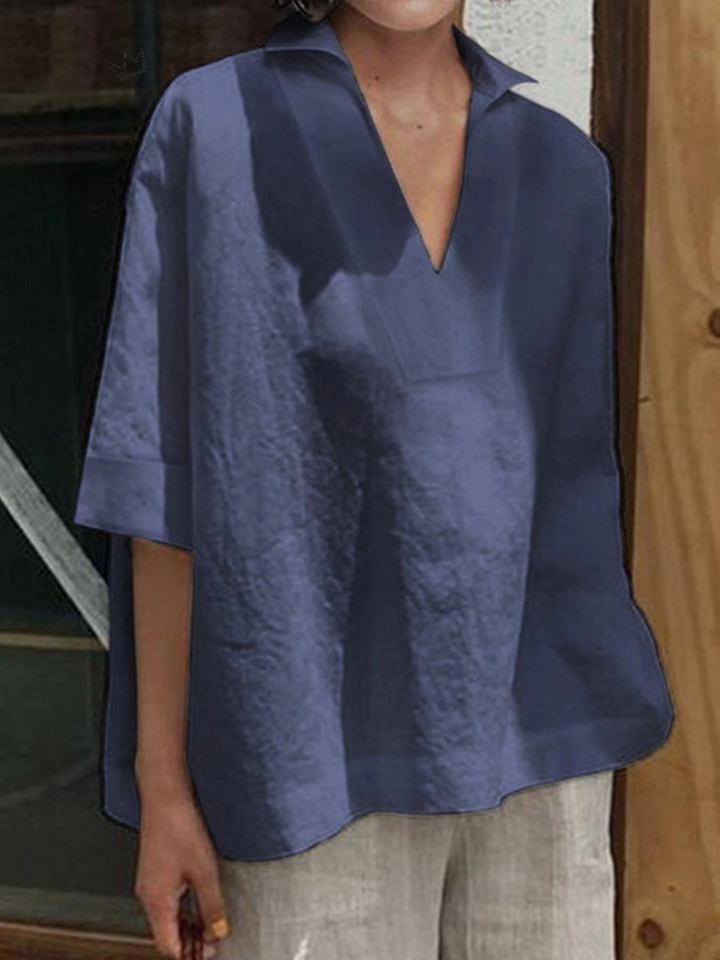 Women's V-neck Solid Colour Loose Mid-Sleeve Shirt