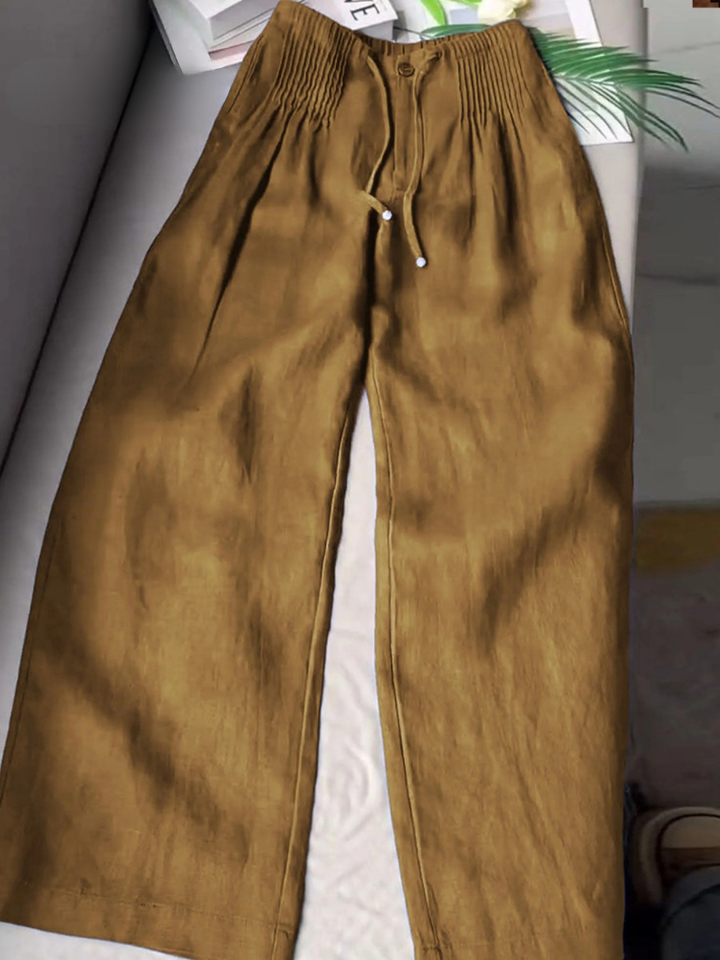 Women's Solid Color Pleated Drawstring Casual and Wide Leg Pants