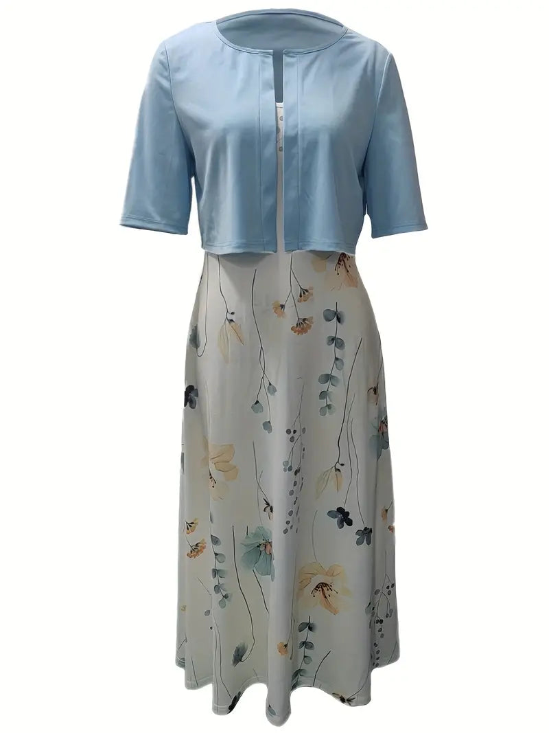 Stylish Floral Two-Piece Dress Set with Solid Crop Top and Round Neckline