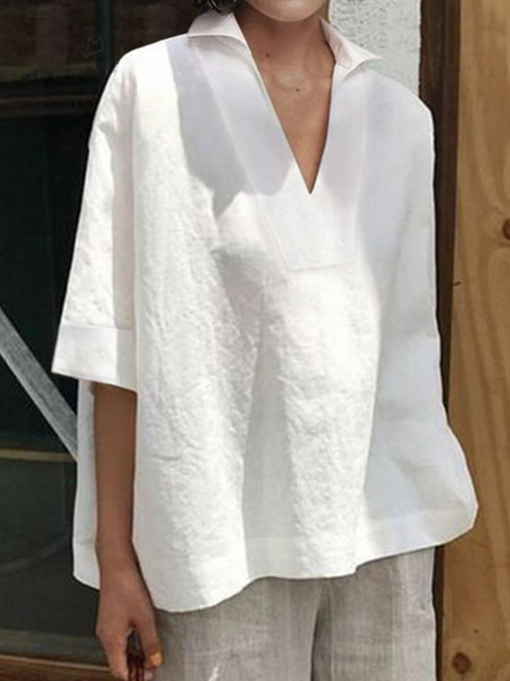 Women's V-neck Solid Colour Loose Mid-Sleeve Shirt