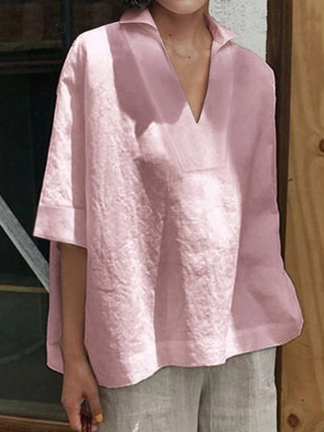 Women's V-neck Solid Colour Loose Mid-Sleeve Shirt