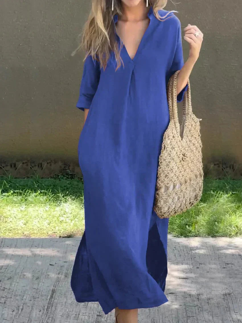 V-Neck Solid Dress for Women with Convenient Pockets