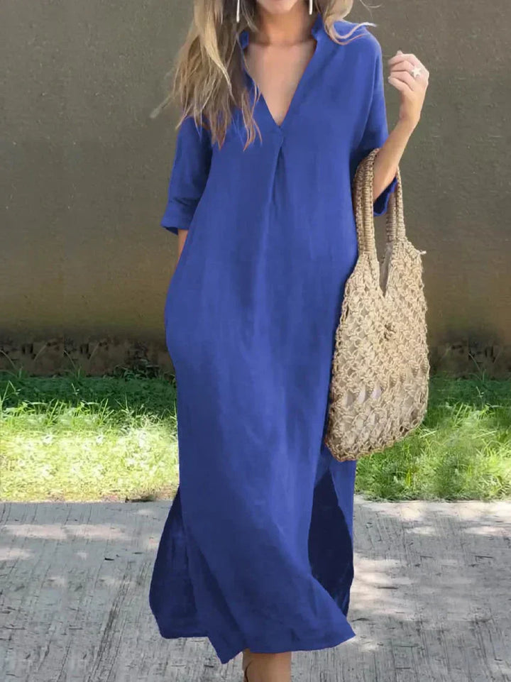 V-Neck Solid Dress for Women with Convenient Pockets