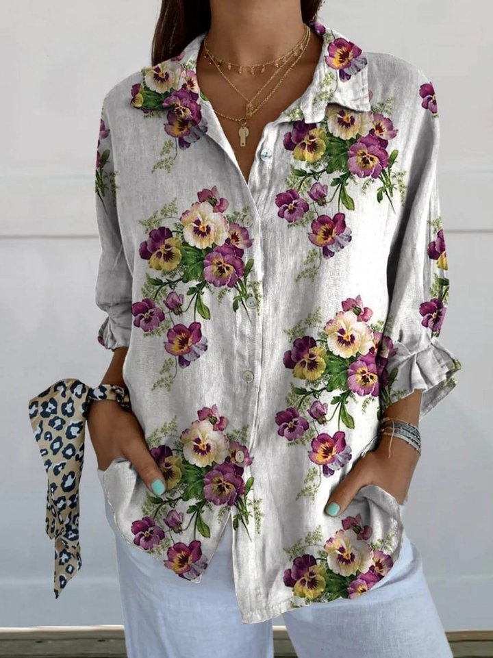 Women's Vintage Lovely Pansies Art Print Casual V-neck Shirt