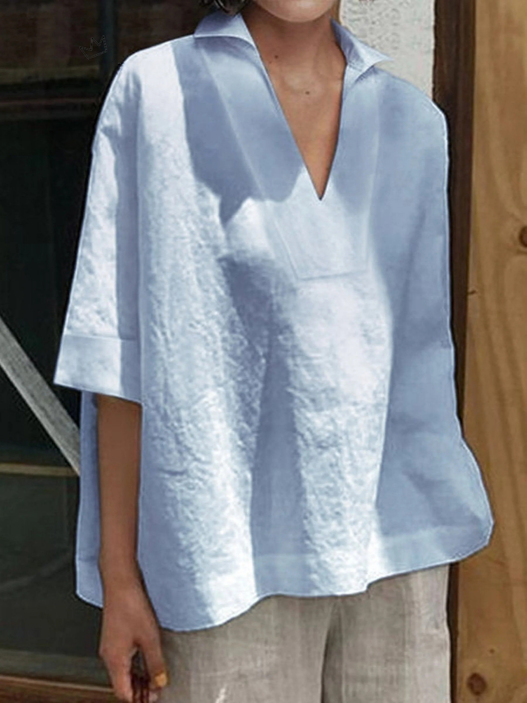 Women's V-neck Solid Colour Loose Mid-Sleeve Shirt