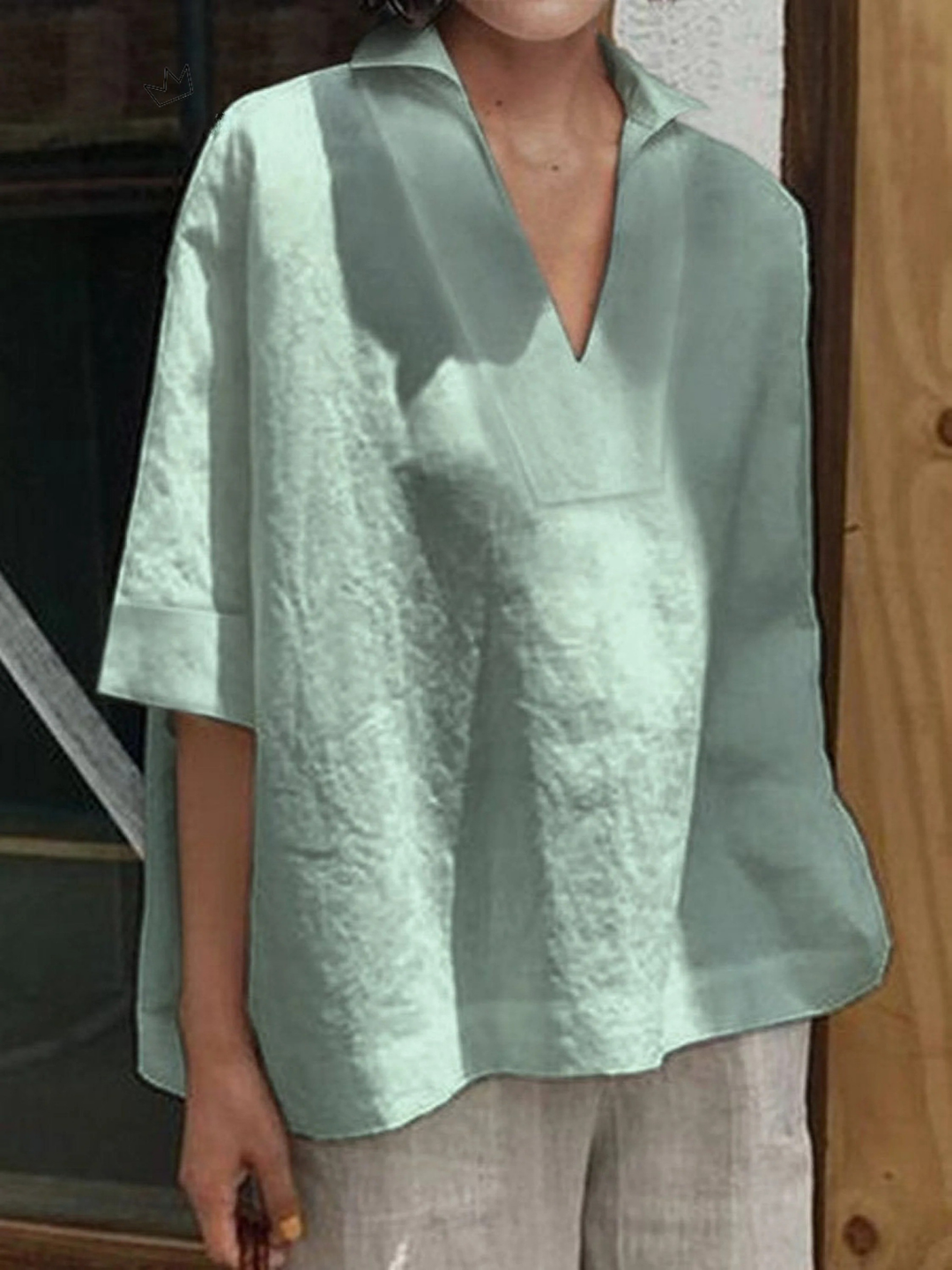 Women's V-neck Solid Colour Loose Mid-Sleeve Shirt