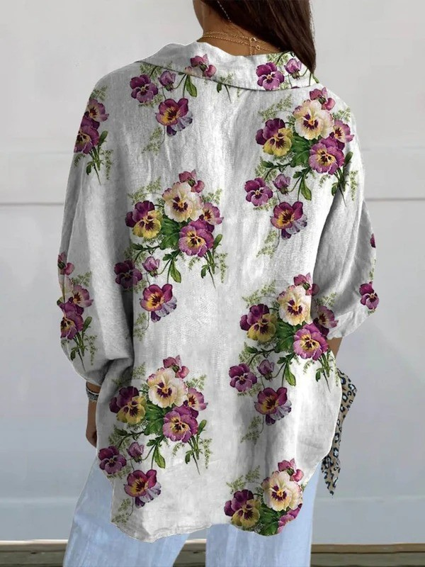 Women's Vintage Lovely Pansies Art Print Casual V-neck Shirt