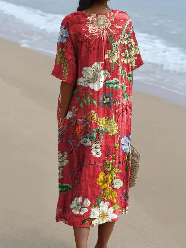 Women's Vintage Lovely Floral Art Print Flowy Dress