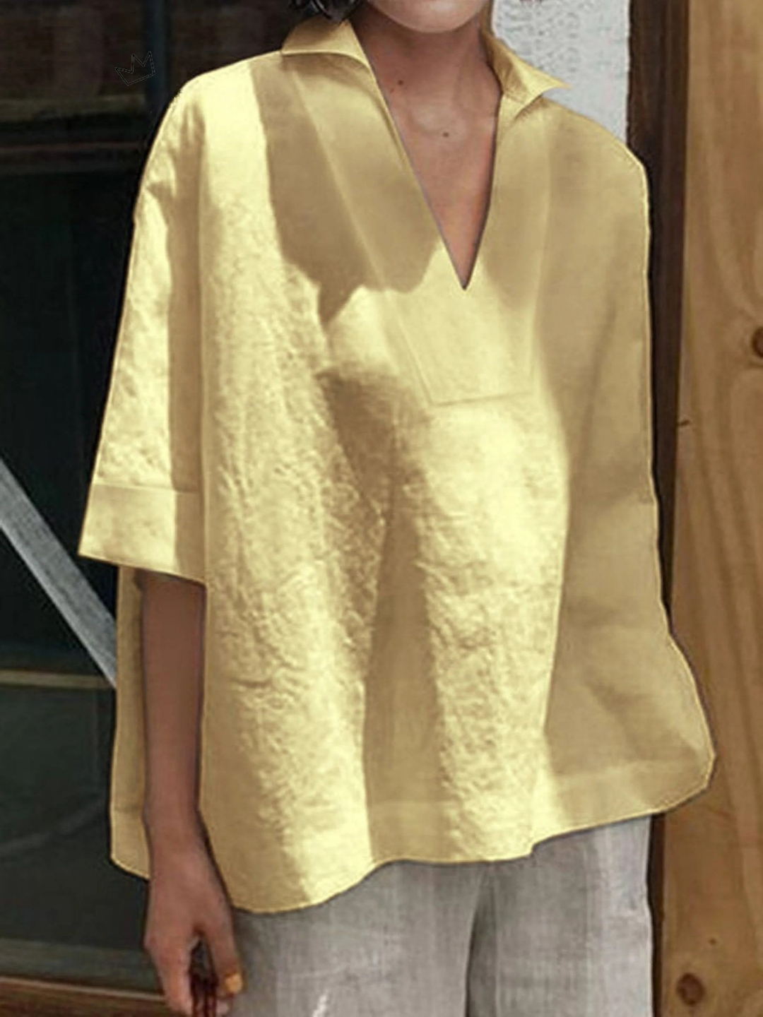 Women's V-neck Solid Colour Loose Mid-Sleeve Shirt