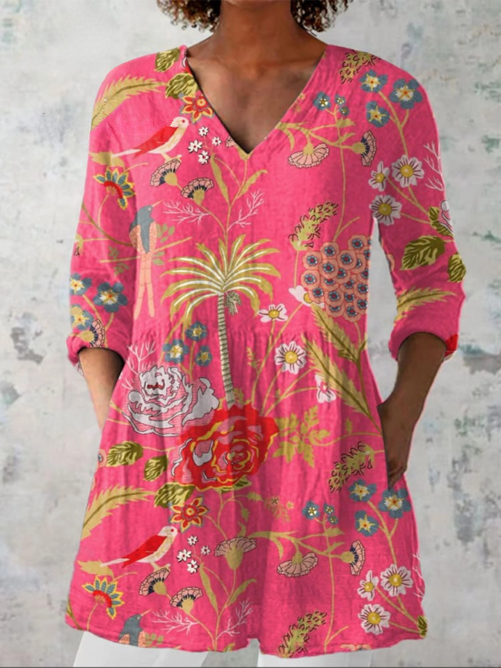 Women's  Vintage Flowers Art Print Casual V-neck Shirt