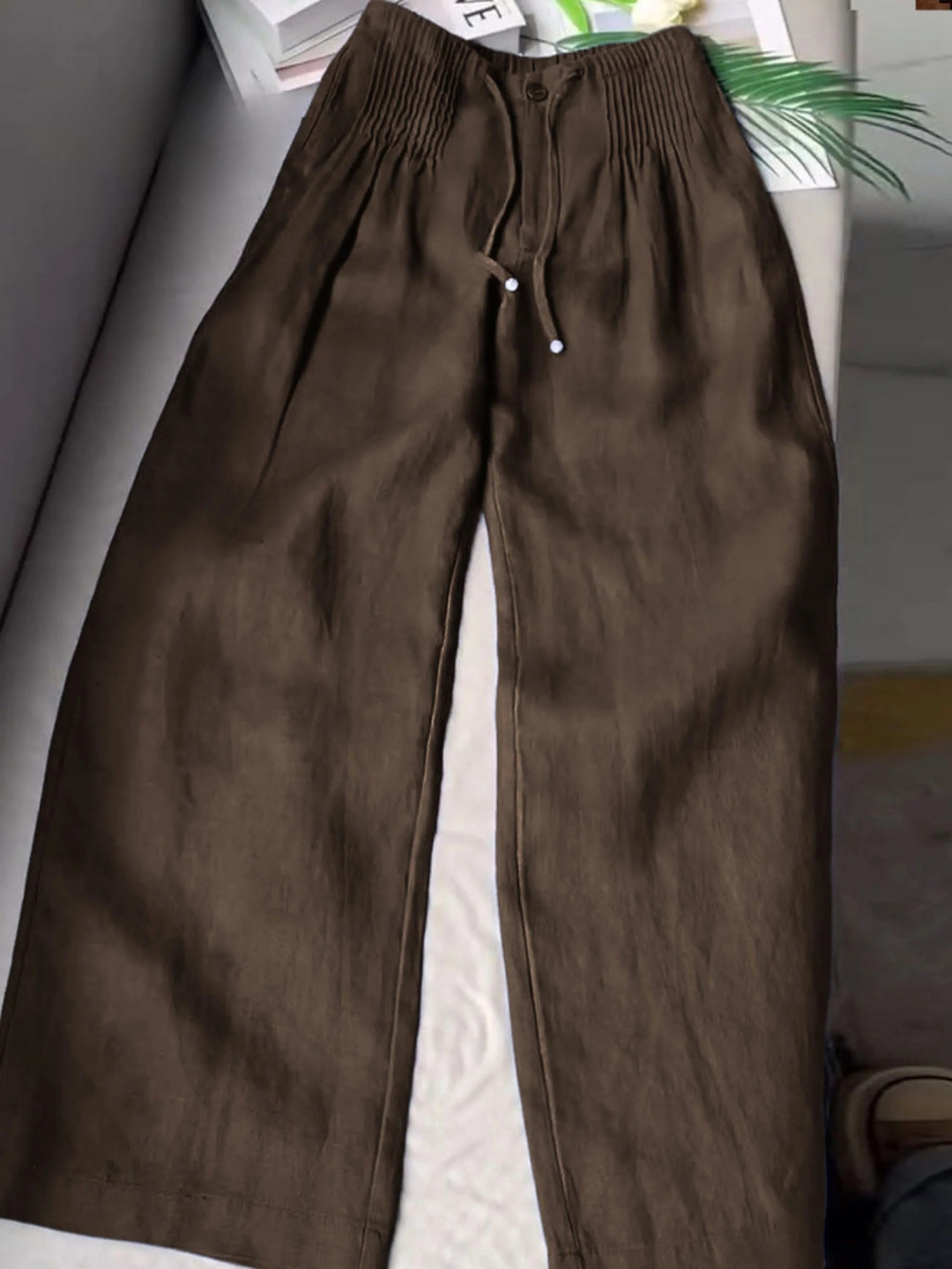 Women's Solid Color Pleated Drawstring Casual and Wide Leg Pants