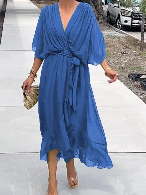 Women's Green V-Neck Chiffon Dress for Summer