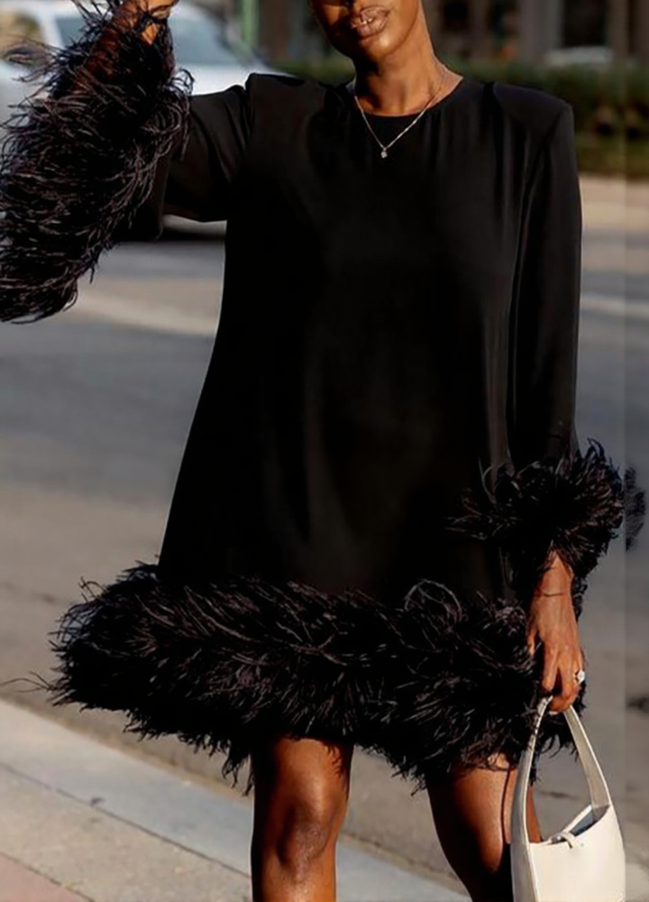 Asymmetrical Mini Gown with Feather Accents